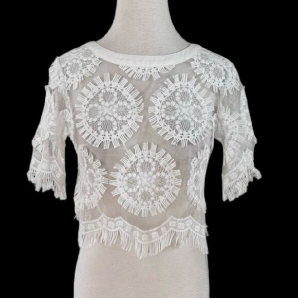 GRACIA Fringed Lace Rosettes Short Sleeves Cropped Black Blouse Size S NEW w Tag - Picture 6 of 7